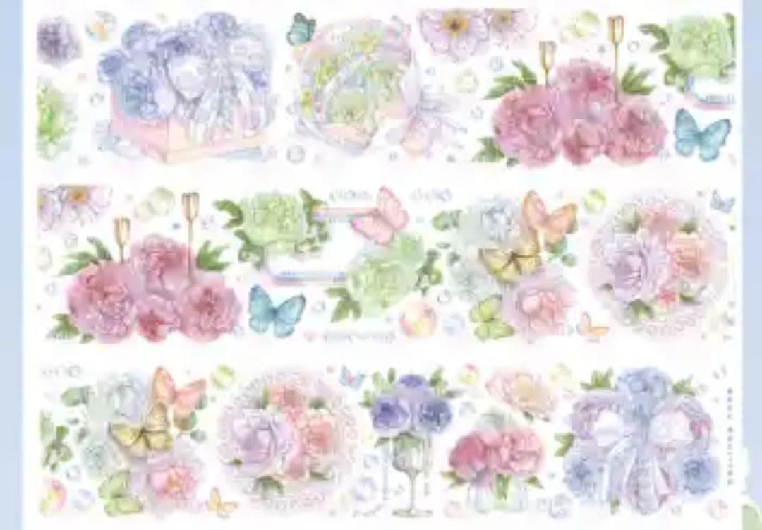 巻売 596★ 海外 マスキングテープ マステ PET 花 薔薇 蝶 銀ホロ