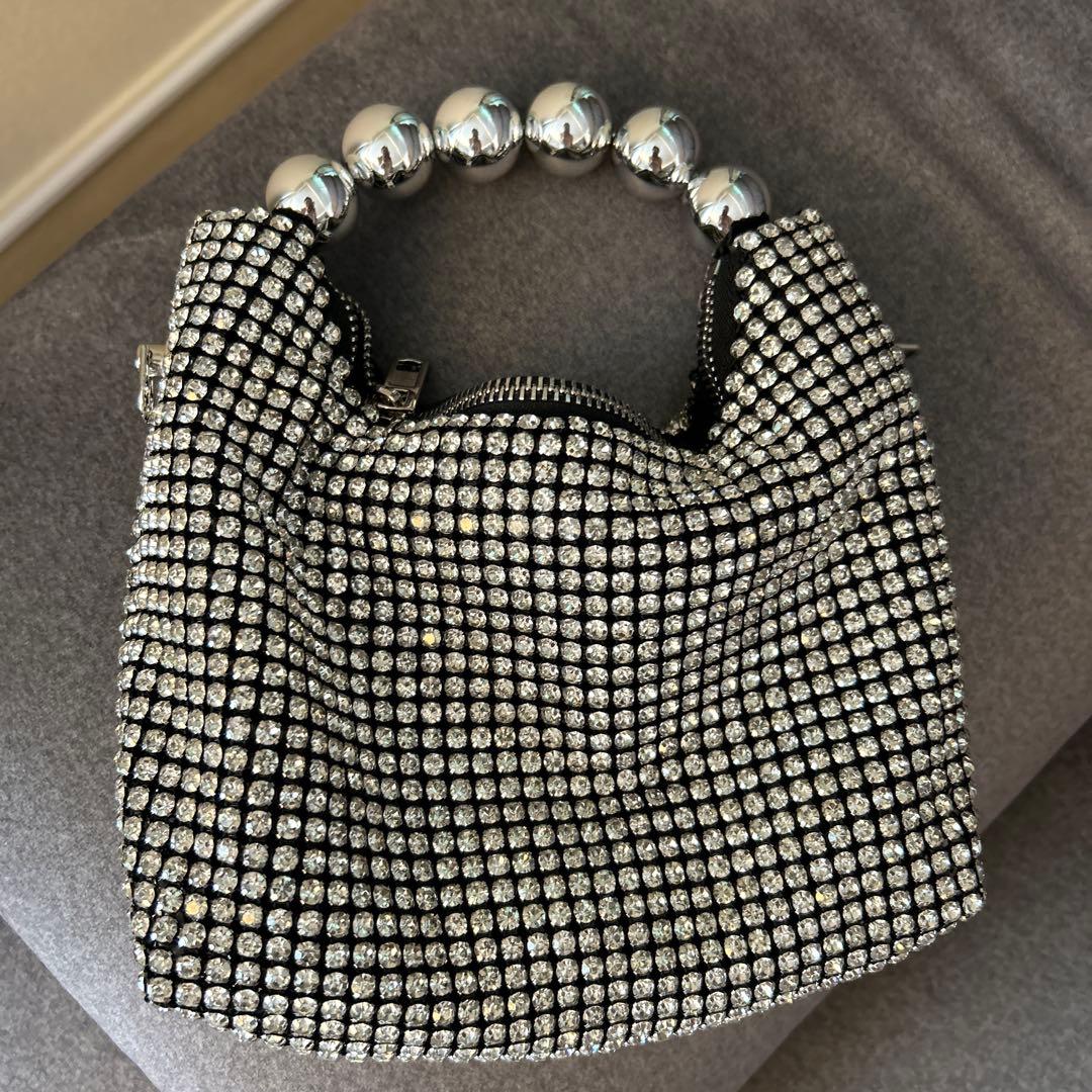 ラインストーンパールハンドルバッグ　パーティーバッグ　シルバー