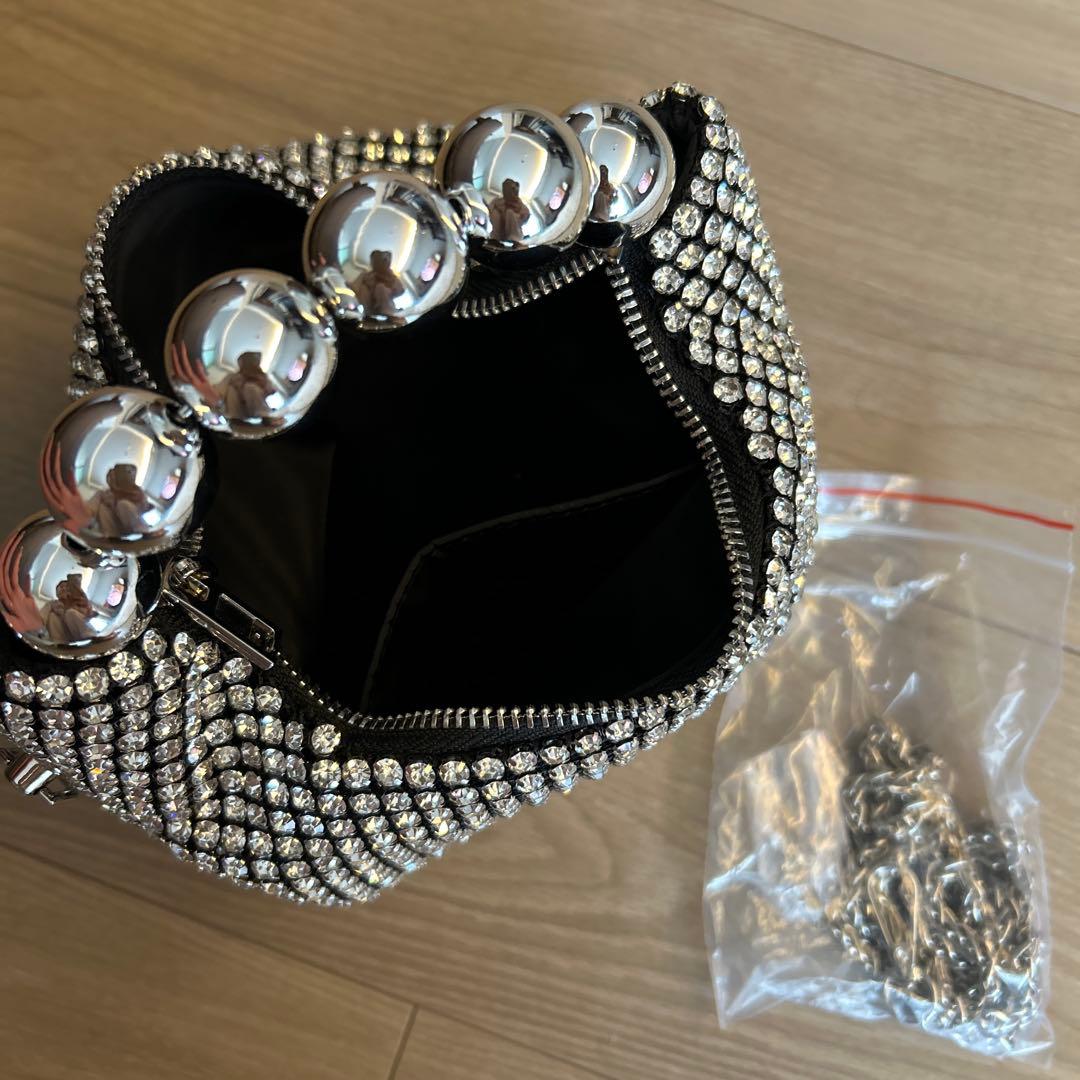 ラインストーンパールハンドルバッグ　パーティーバッグ　シルバー