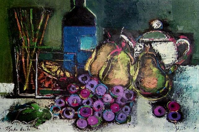 油絵 絵 絵画インテリア 額付(黒) uF6-061504 果物 ワインポット