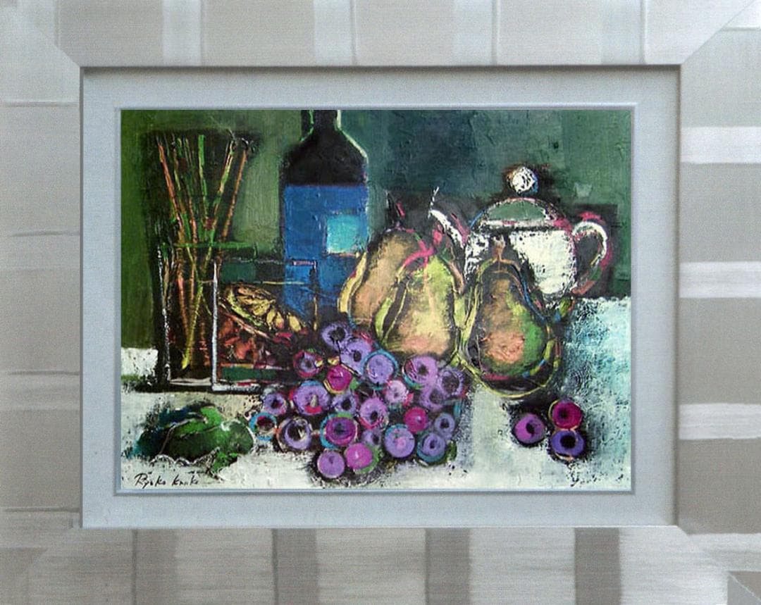 油絵 絵 絵画インテリア 額付(黒) uF6-061504 果物 ワインポット