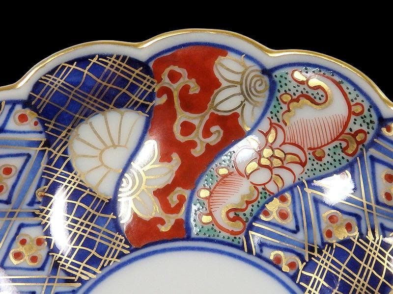 大聖寺伊万里　金襴手 寿紋に捻り輪花菊皿　4寸皿　5客　D820AS-CUy