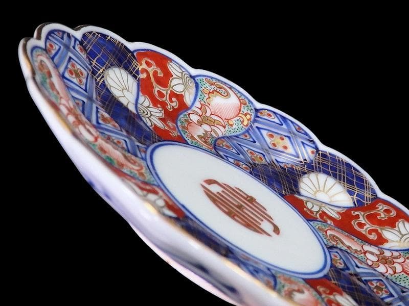 大聖寺伊万里　金襴手 寿紋に捻り輪花菊皿　4寸皿　5客　D820AS-CUy