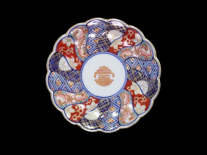 大聖寺伊万里　金襴手 寿紋に捻り輪花菊皿　4寸皿　5客　D820AS-CUy