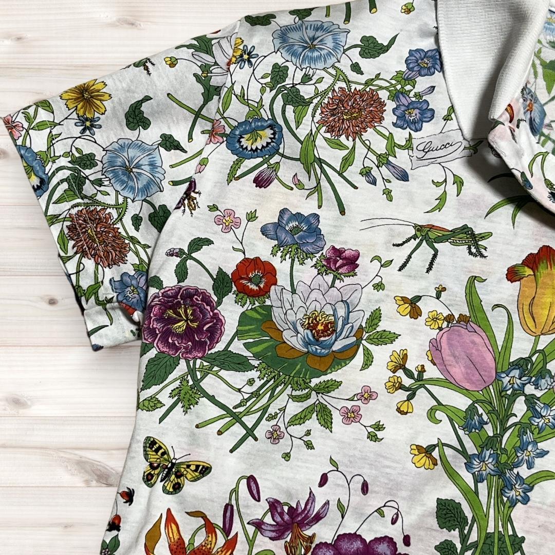 GUCCI フローラル柄 ポロシャツ ホワイト ヴィンテージ S