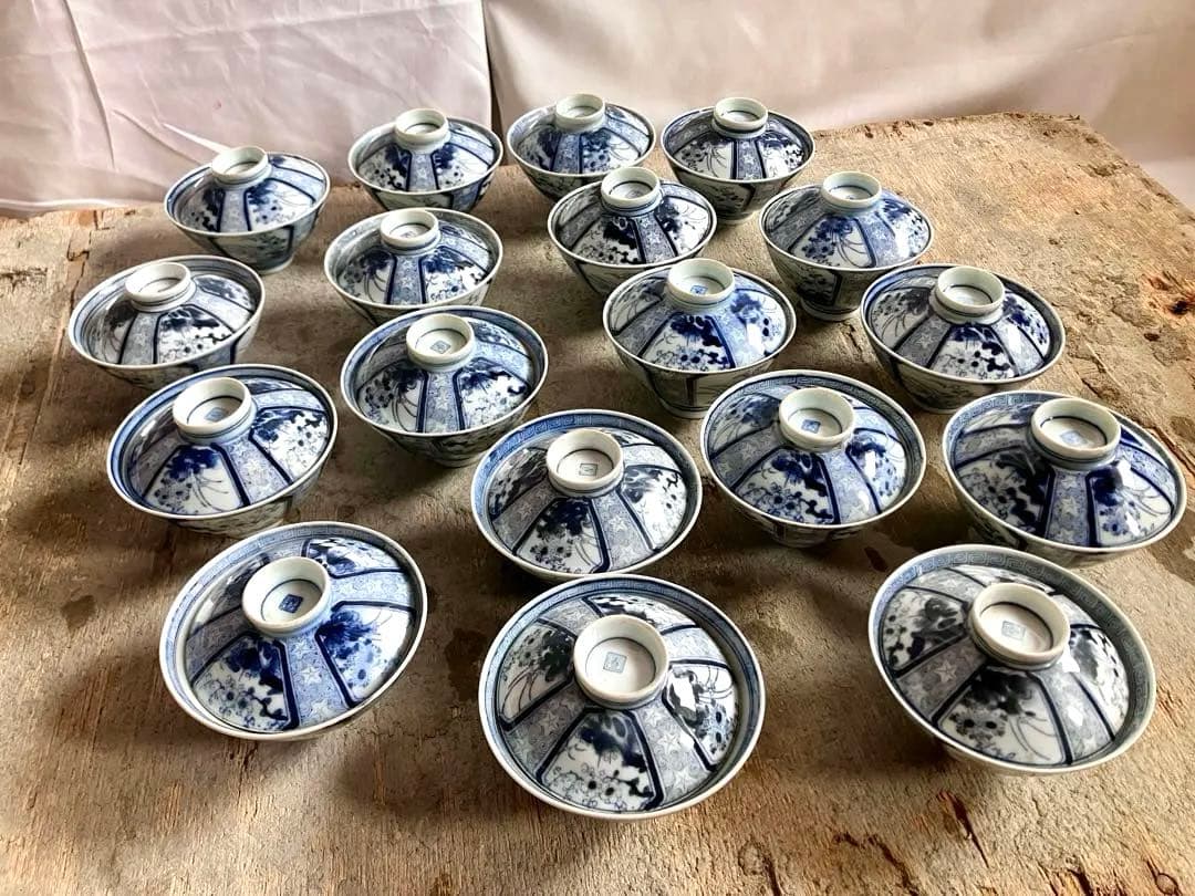 新春お値下げ✅古伊万里✅蓋付き椀18客/染付山水画/骨董/磁器