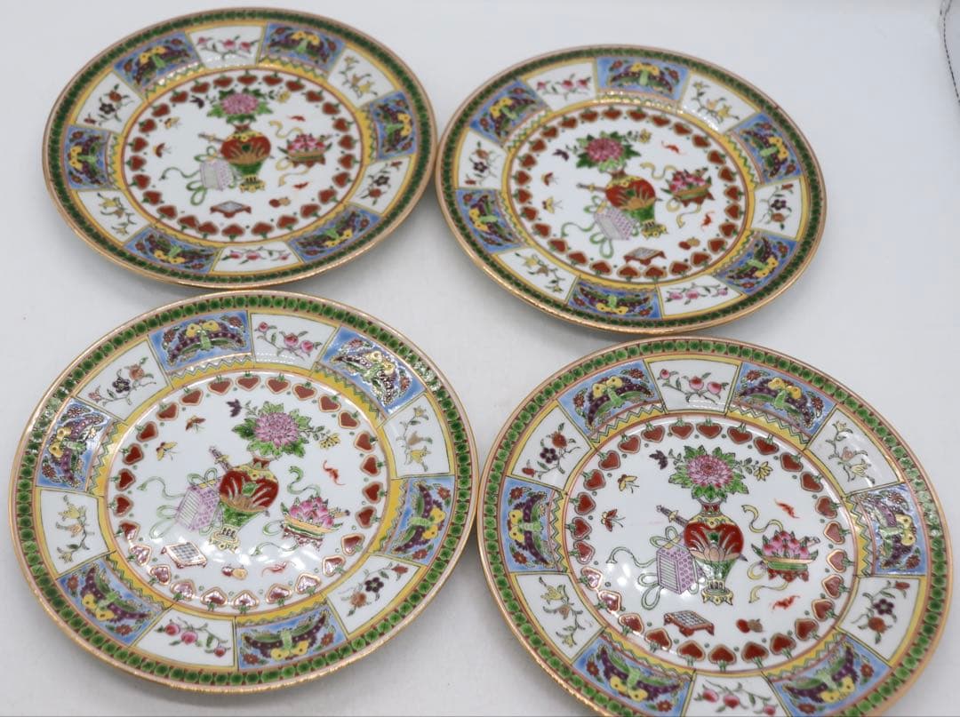 中国　1970年代　景徳鎮製　粉彩祥瑞紋大皿4点　送料込み260104