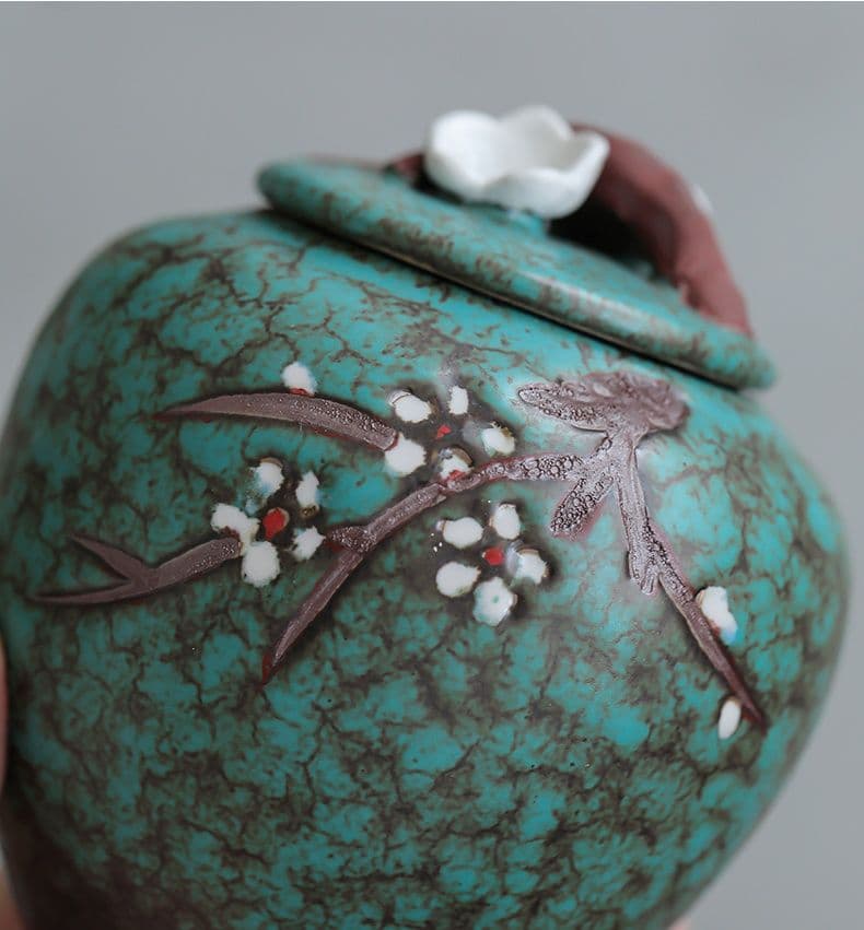 窯変手描き梅の花茶壺 陶器密封壺防潮貯蔵壺 装飾品 工芸品 置物