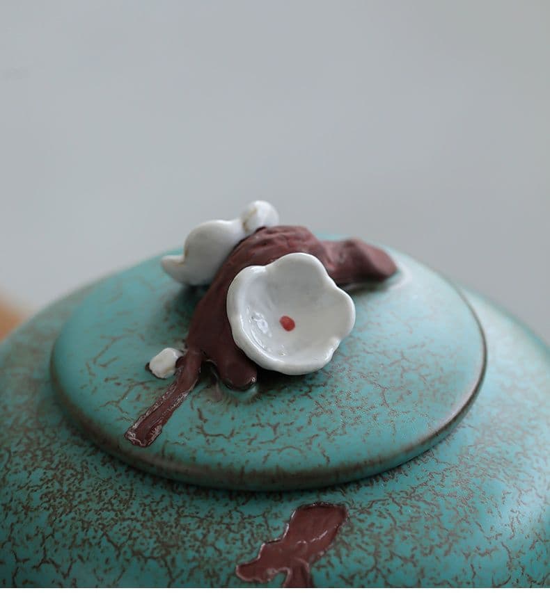 窯変手描き梅の花茶壺 陶器密封壺防潮貯蔵壺 装飾品 工芸品 置物