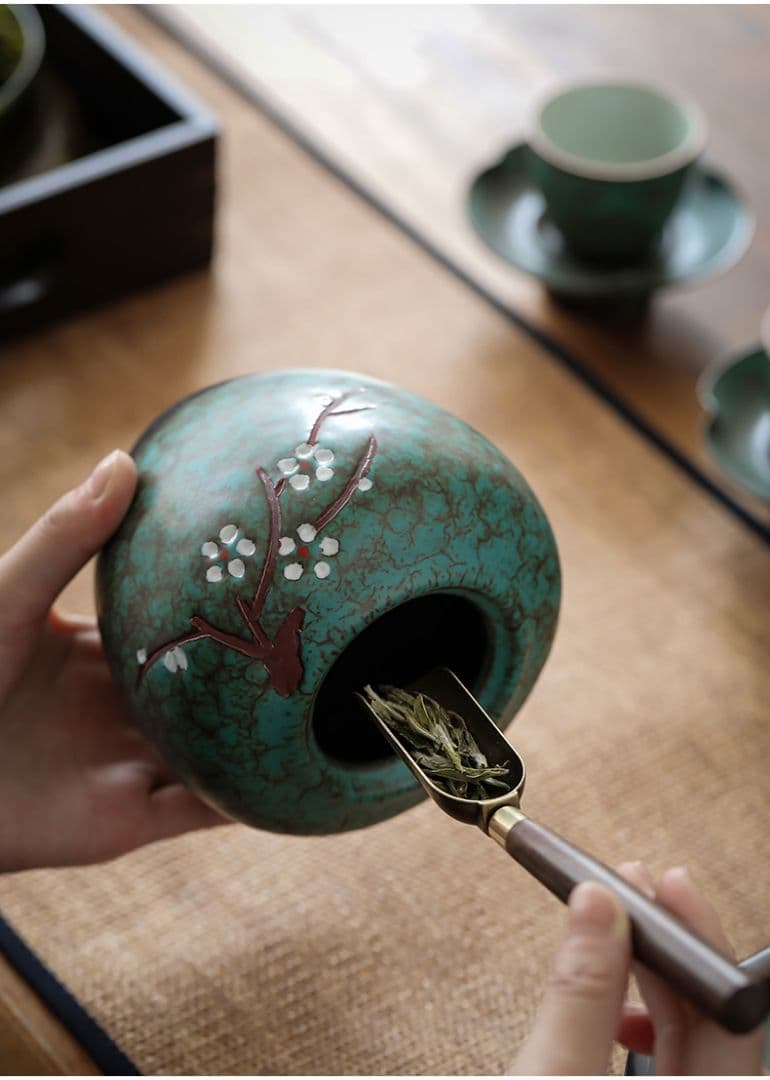 窯変手描き梅の花茶壺 陶器密封壺防潮貯蔵壺 装飾品 工芸品 置物