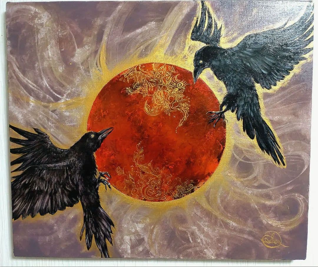 カラスの油絵◆1点物絵画◆アイヌ模様/パワーアート/真作/作者サイン入り