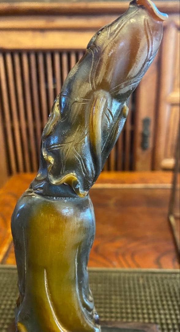 彫刻　弥勒菩薩　バッファロー角 鑑賞台座ケース付　３点セット ヴィンテージ　レア