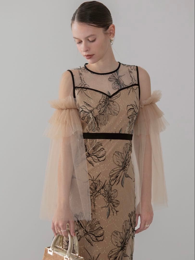 フラワーチュールフリルスリーブIラインワンピースドレス結婚式二次会パーティー