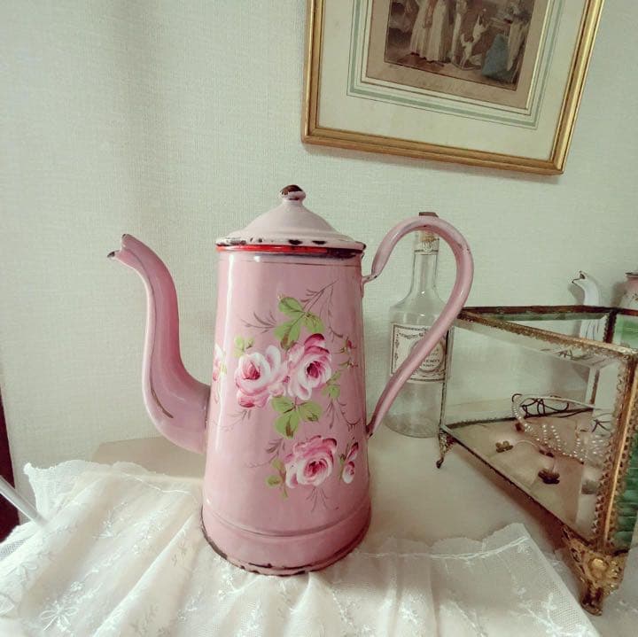 セールフランスアンティーク　ローズペイントの美しいピンクのホーロー ポット　希少