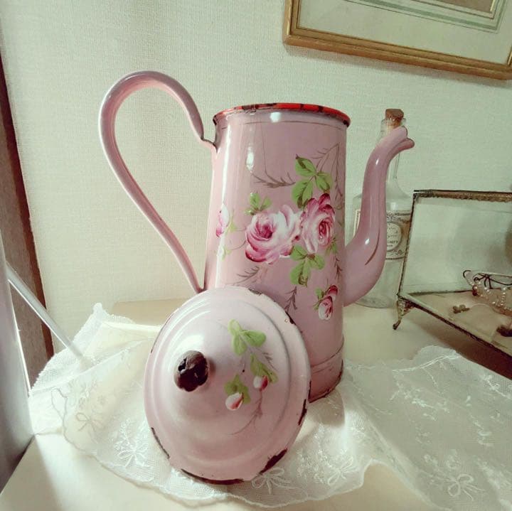 セールフランスアンティーク　ローズペイントの美しいピンクのホーロー ポット　希少