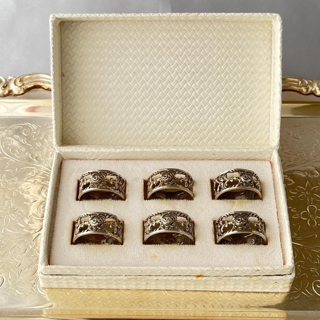 【ALBO】 薔薇のナプキンリング 6個【純銀】ヒルデスハイムローズ ケース