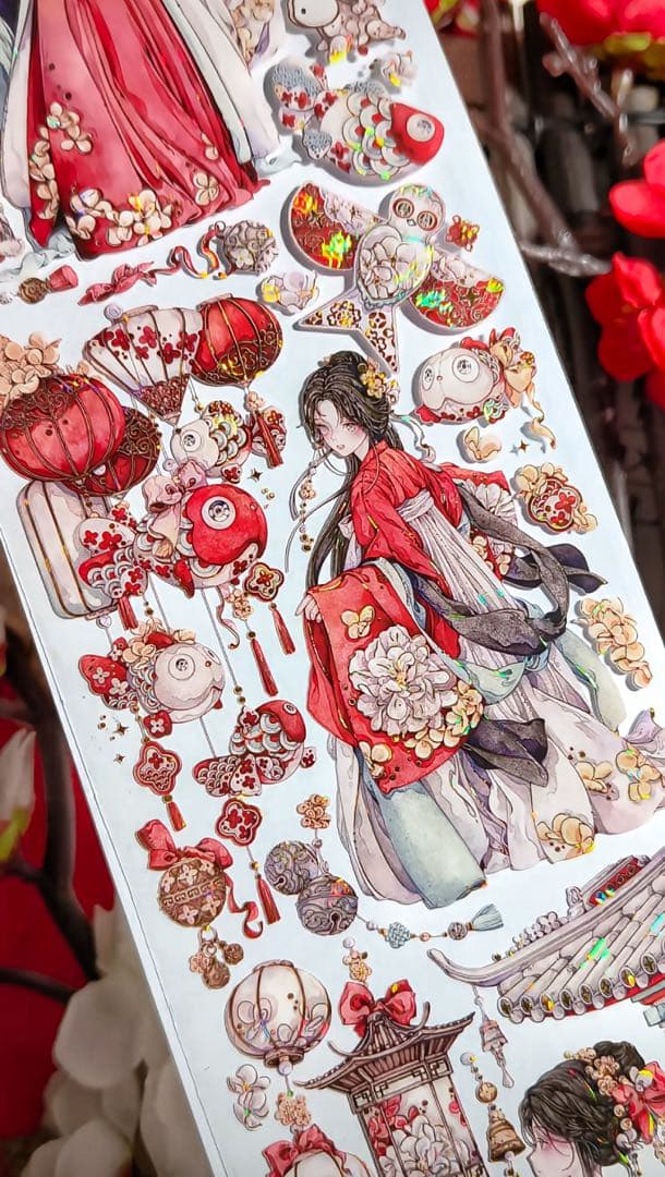 【9403】海外3/5/巻　貝殻金マスキングテープ　獅子先生新作　赤　人物古風系