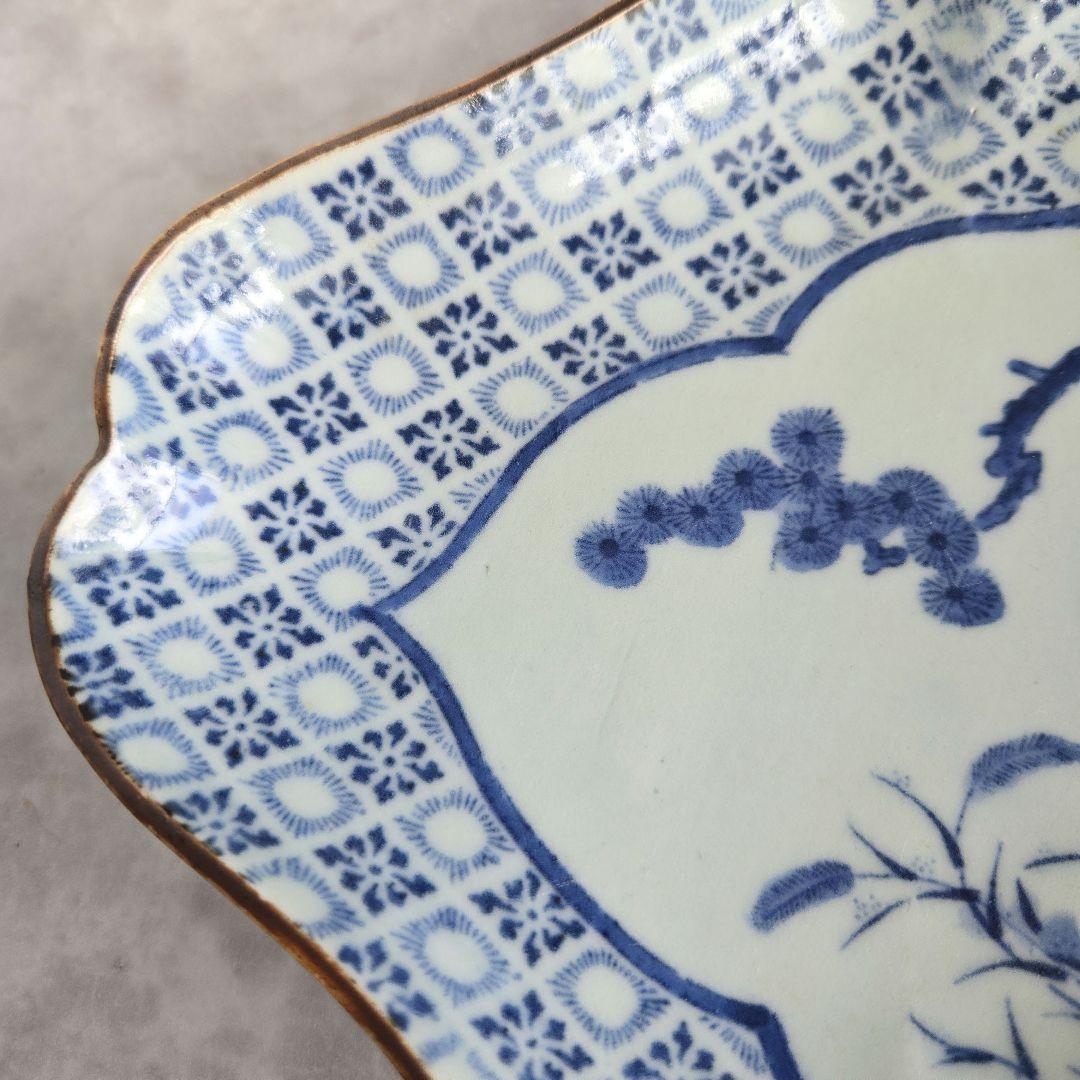 古伊万里　型紙摺　隅入菱皿　江戸時代　染付　変形皿　金直し　金継ぎ　アンティーク