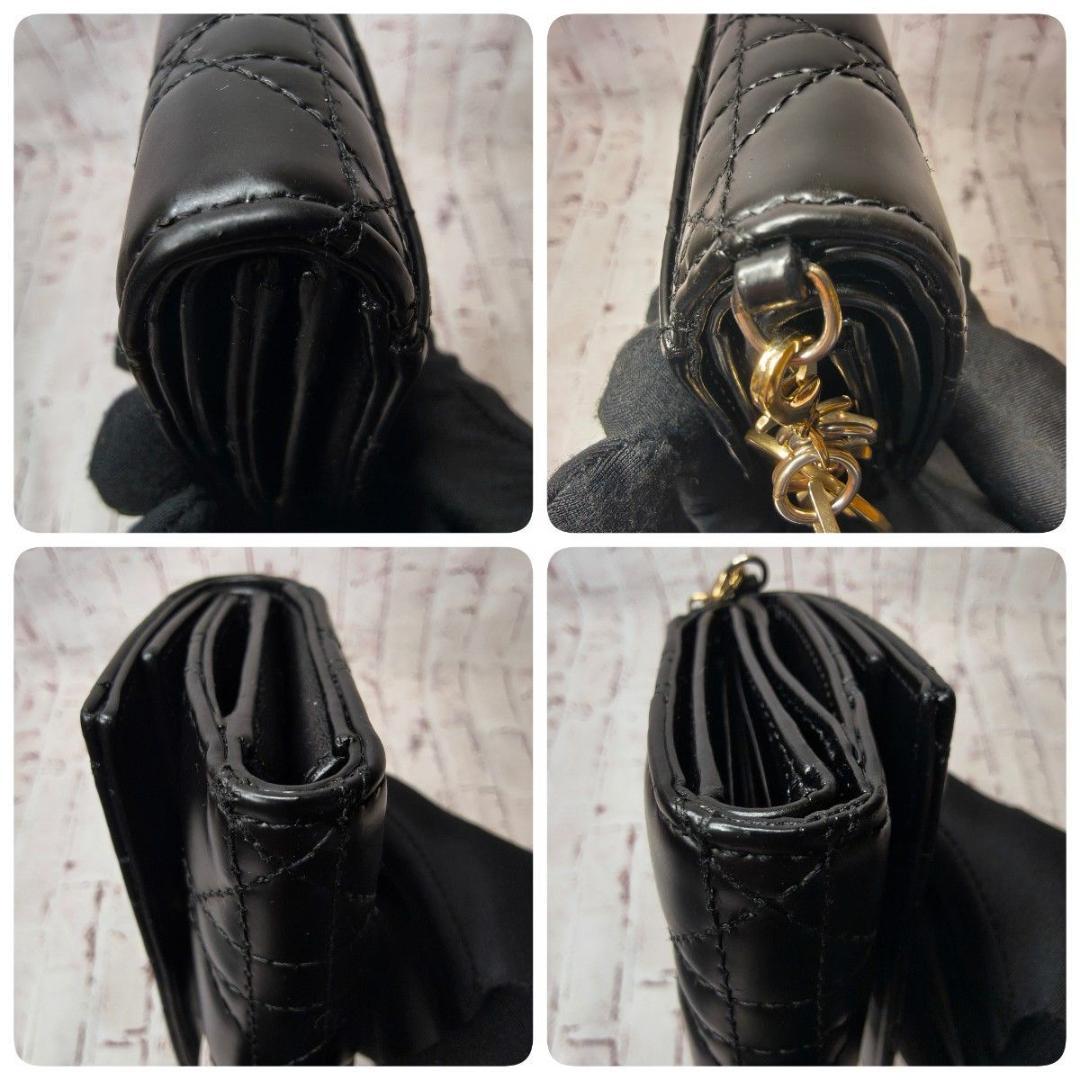 【美品】ディオール 三つ折財布 ロータス カナージュ エナメル ラムスキン／黒E