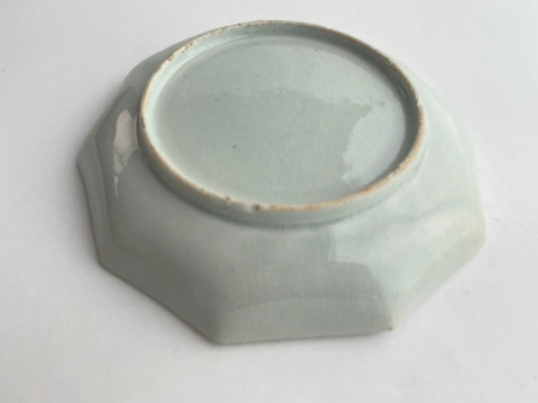 骨董　アンティーク　古伊万里　青磁染付　檜垣　花文様　十角皿　六寸皿