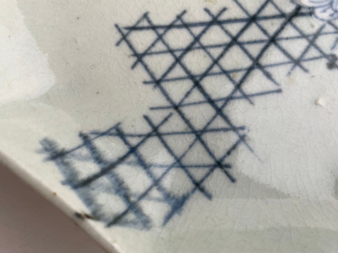 骨董　アンティーク　古伊万里　青磁染付　檜垣　花文様　十角皿　六寸皿