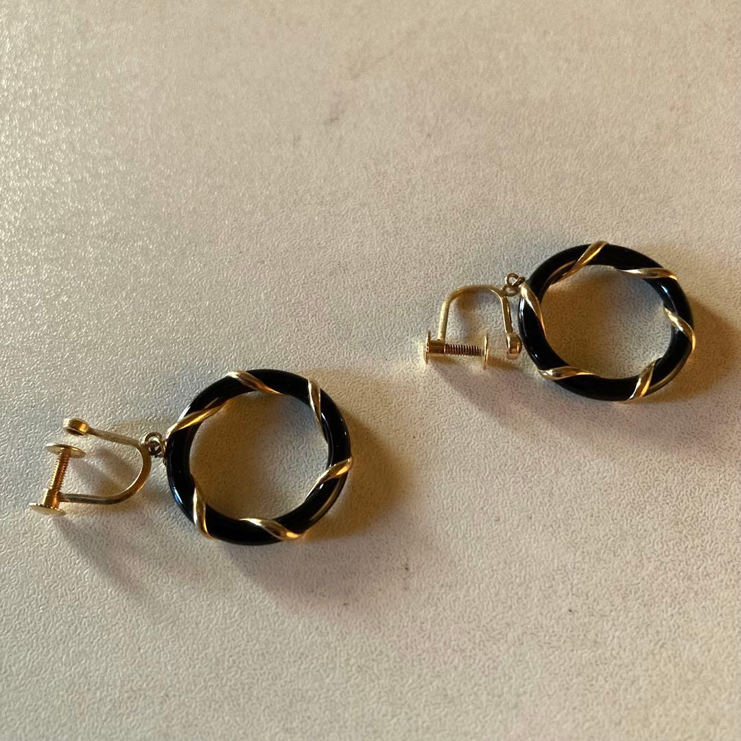 K18 ピアス　オニキス　ネジ式　直径約 2cm 3.0g