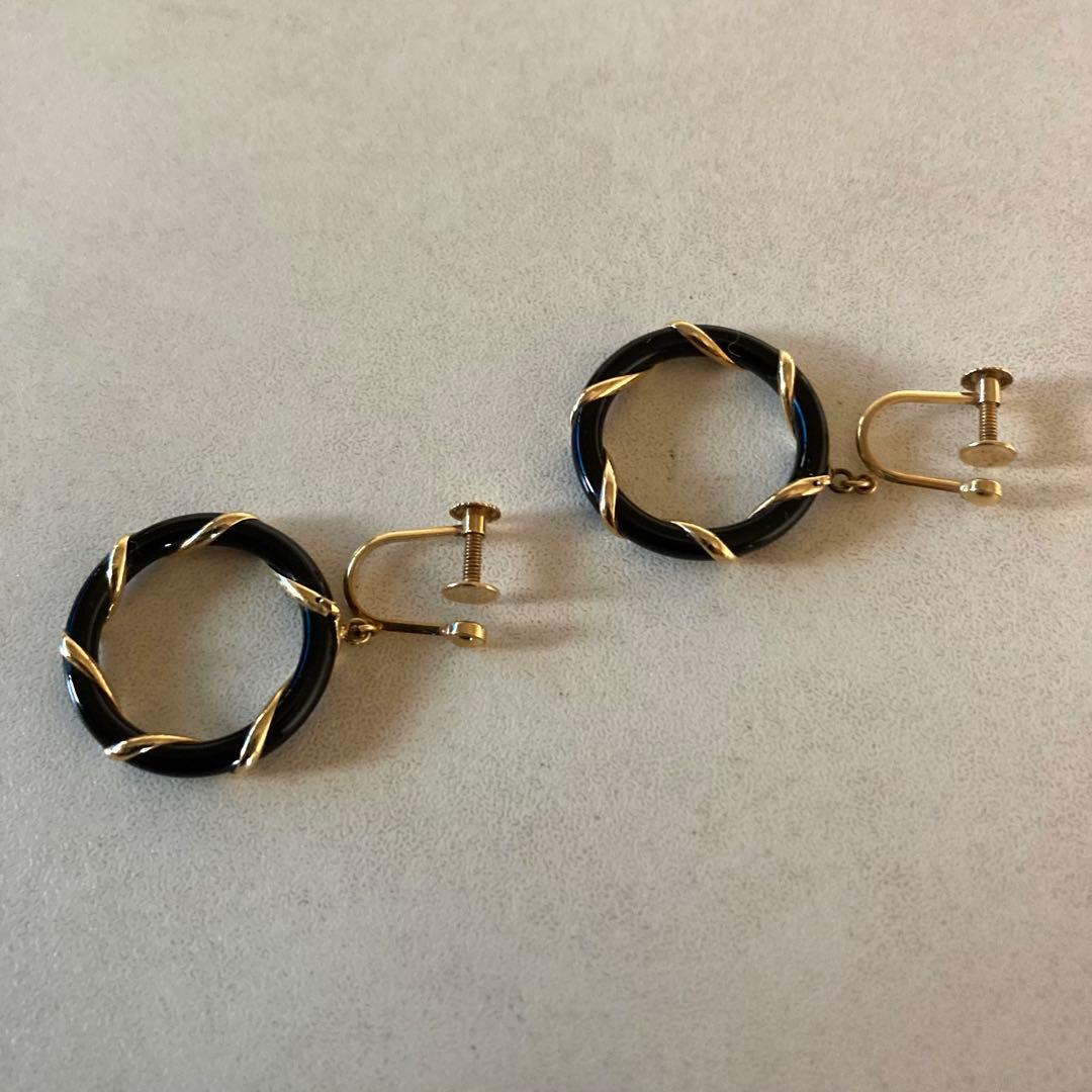 K18 ピアス　オニキス　ネジ式　直径約 2cm 3.0g