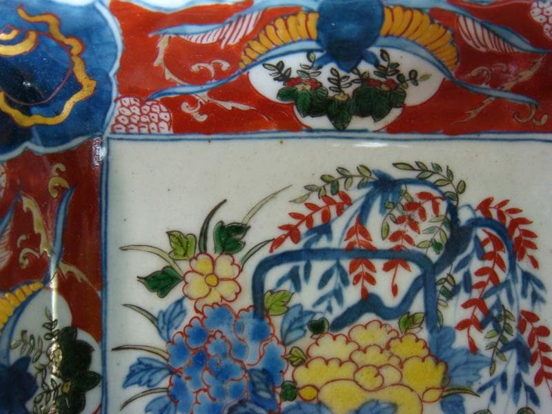 皿■渦福 明 色絵染付 四角皿 花篭 唐草 花尽くし 赤絵 時代物 骨董品■