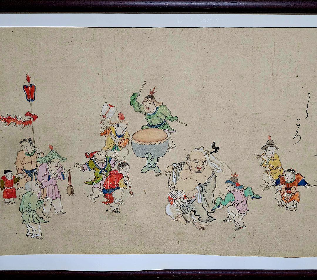 【時代古作品❗】日本画家筆　色絵具　肉筆　布袋に太鼓笛吹唐子の図　歌詠み　額装