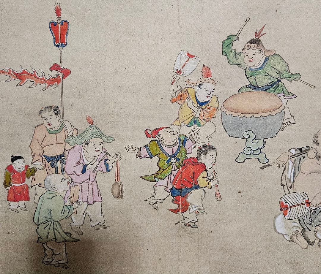 【時代古作品❗】日本画家筆　色絵具　肉筆　布袋に太鼓笛吹唐子の図　歌詠み　額装