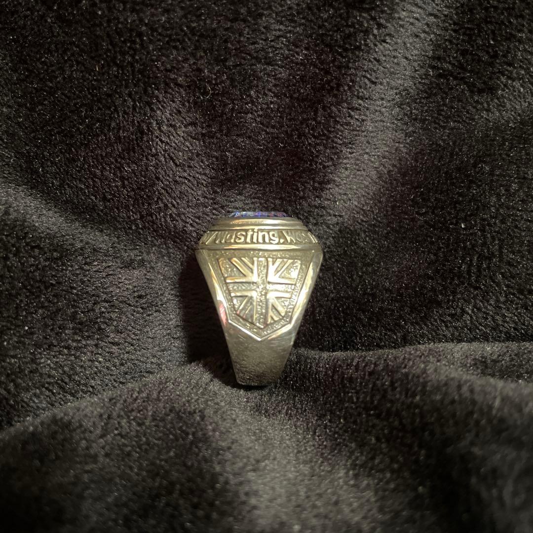 最終値下げ カレッジリング エンブレム付き青色石のリング