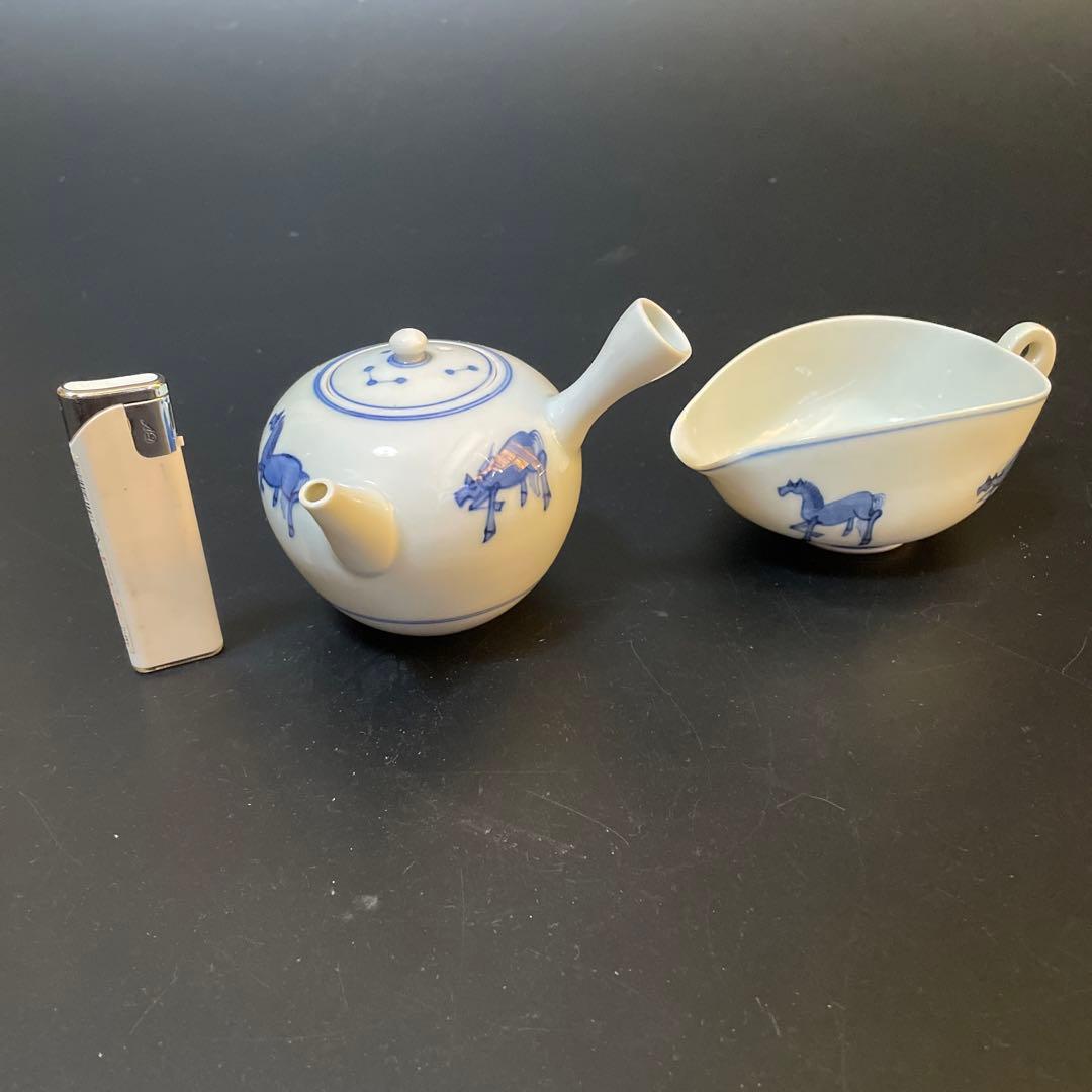 古い染め付け茶器　在名あり　雲魯？急須　前茶碗　建水