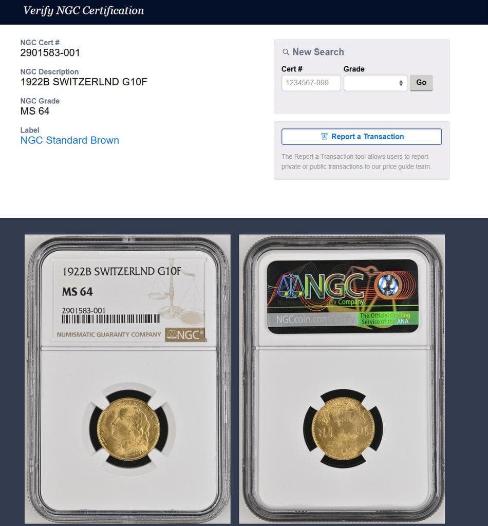 まやさん…！専用　1922年 スイス ブレネリ10フラン 金貨 NGC MS64