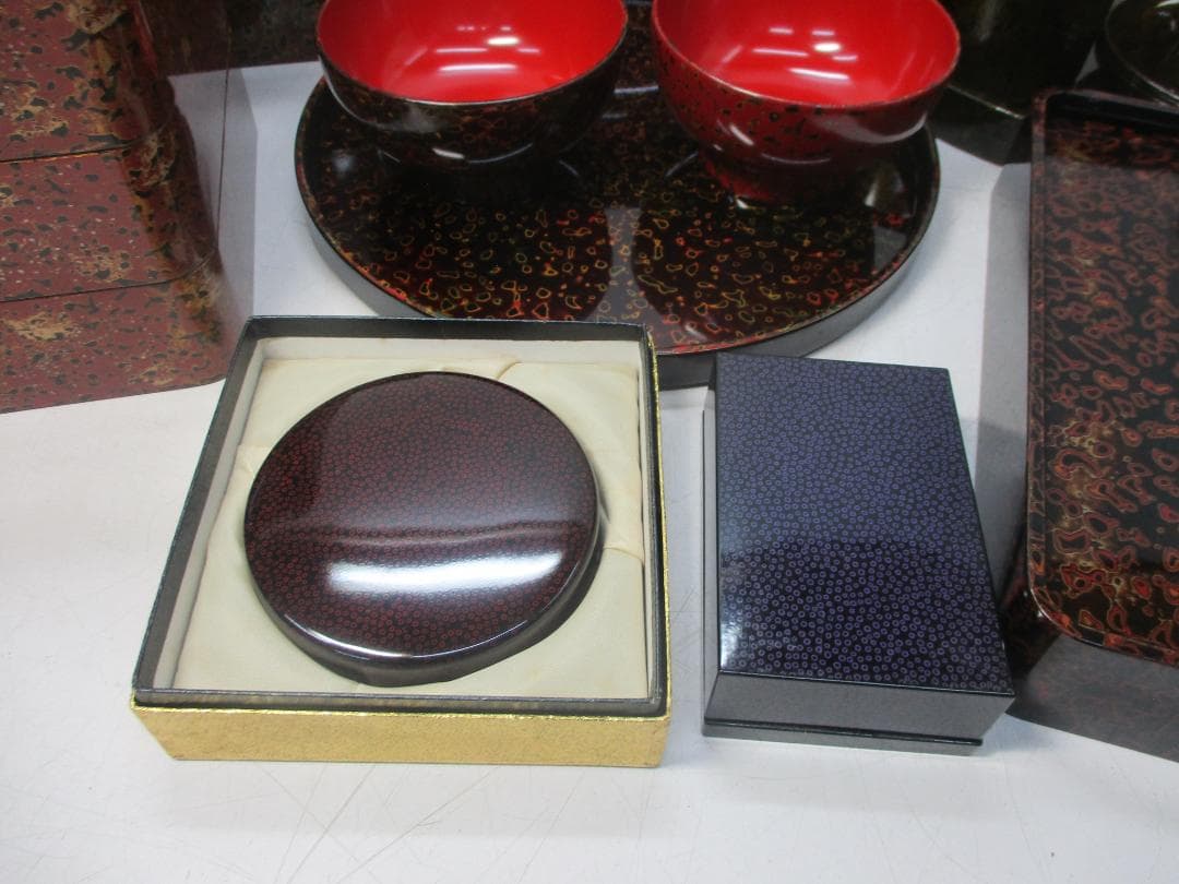 津軽塗 漆器まとめて 唐塗/七々子塗 重箱/硯箱/丸盆/菓子器/夫婦碗他
