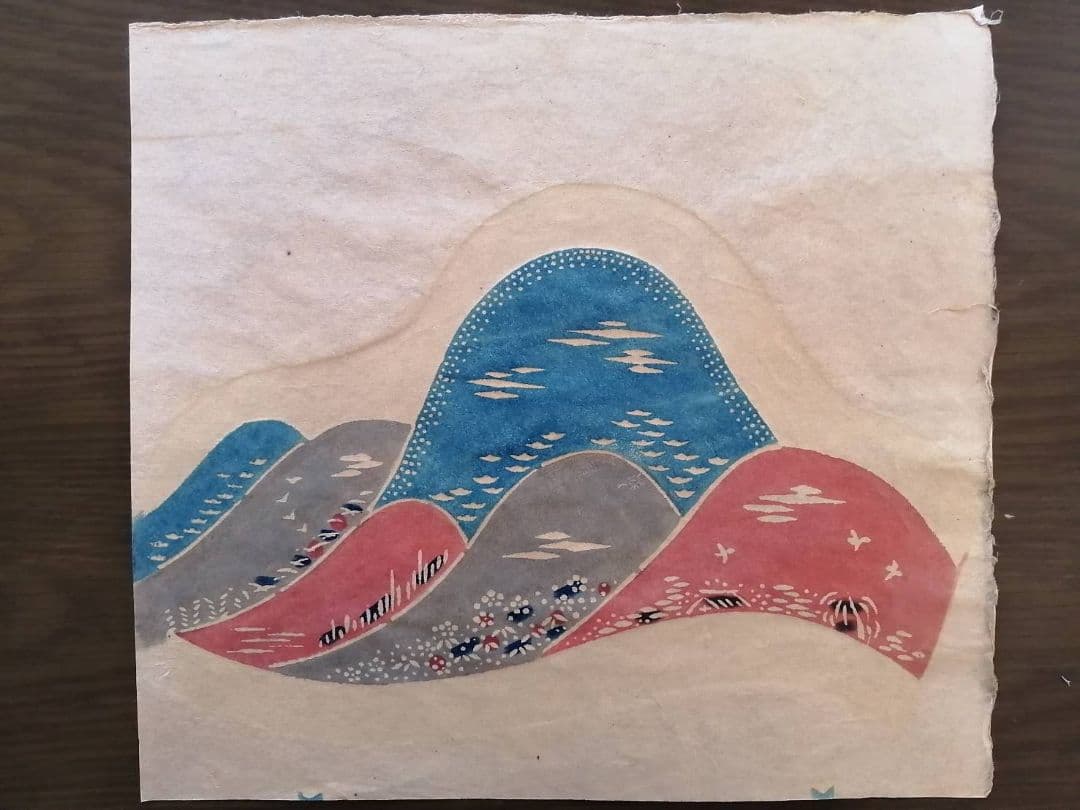 芹沢銈介・作　型絵染3点（風景画、野菜、植物）　銀座たくみのタトウ、絵ハガキ付き