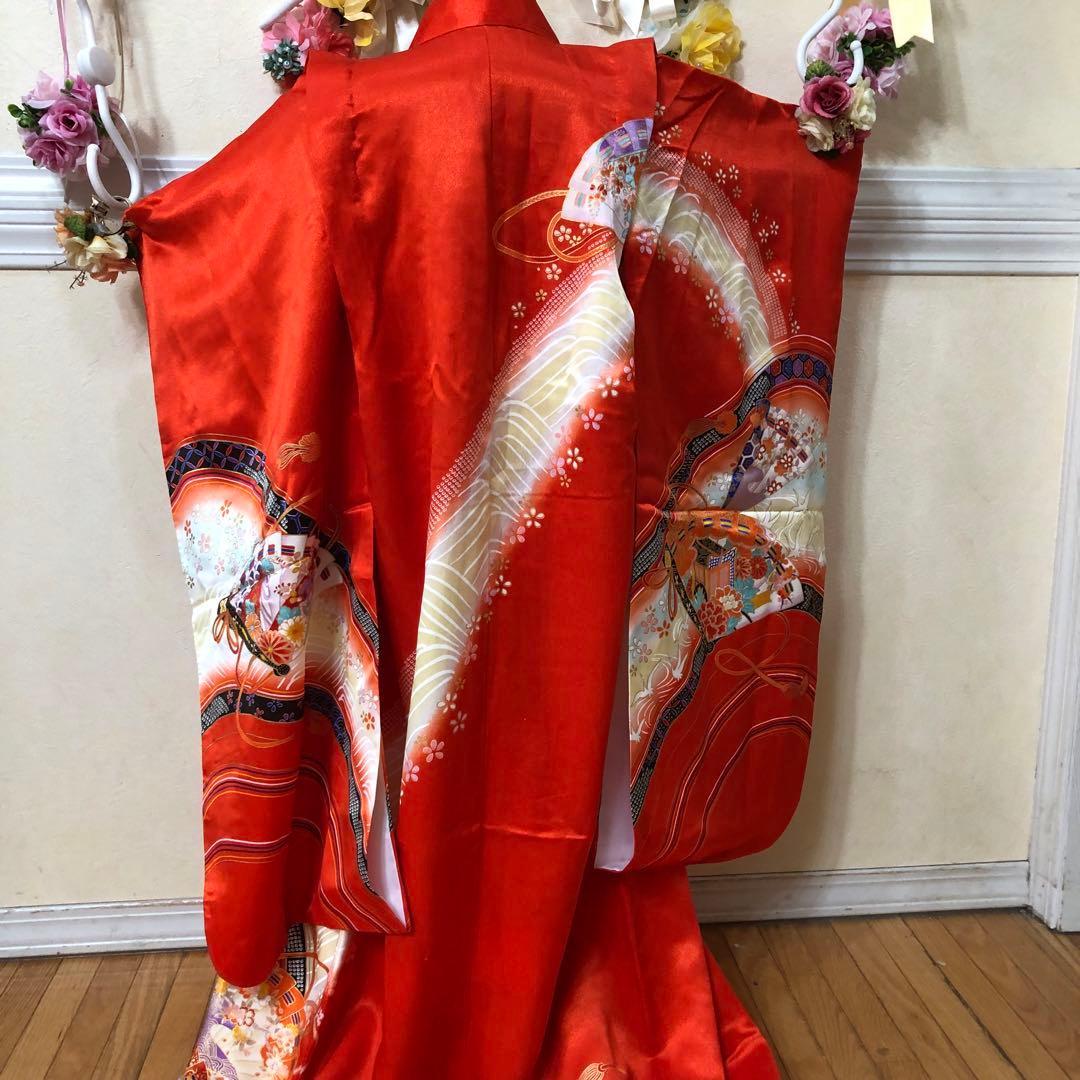 七五三7歳❣️人気赤地暈し金彩際立つ完全フルセッット⭐︎扇熨斗鶴菊金彩煌びやか際立つ