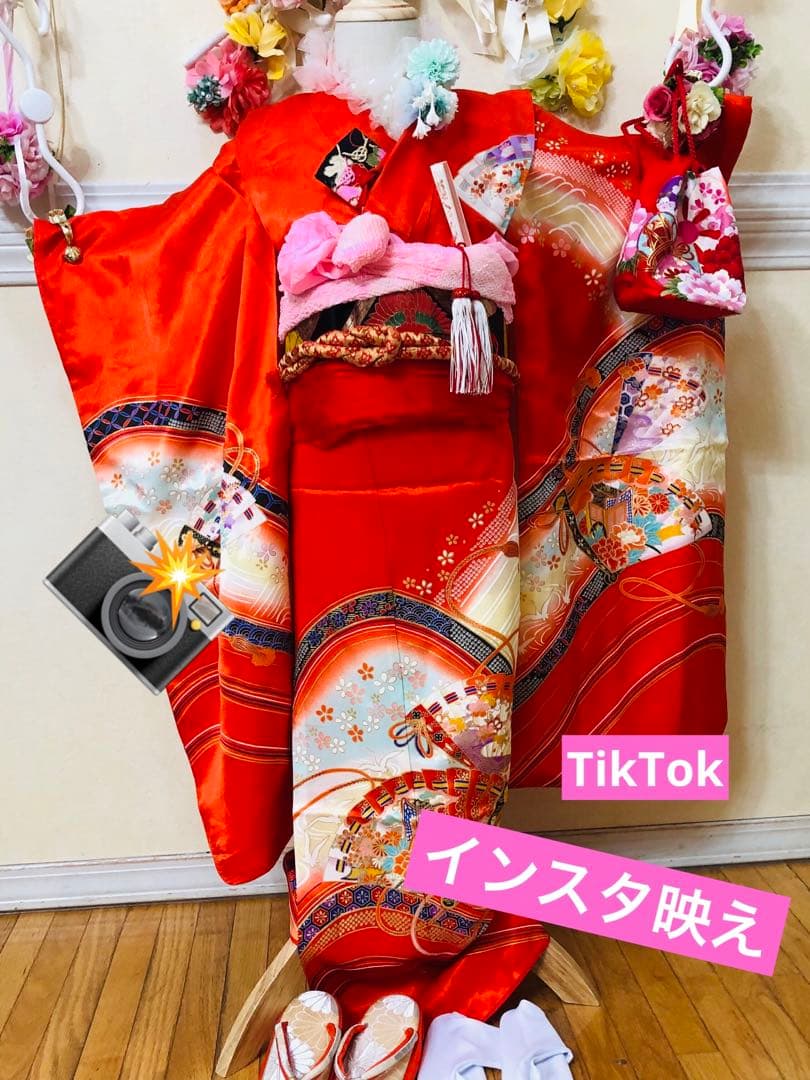 七五三7歳❣️人気赤地暈し金彩際立つ完全フルセッット⭐︎扇熨斗鶴菊金彩煌びやか際立つ