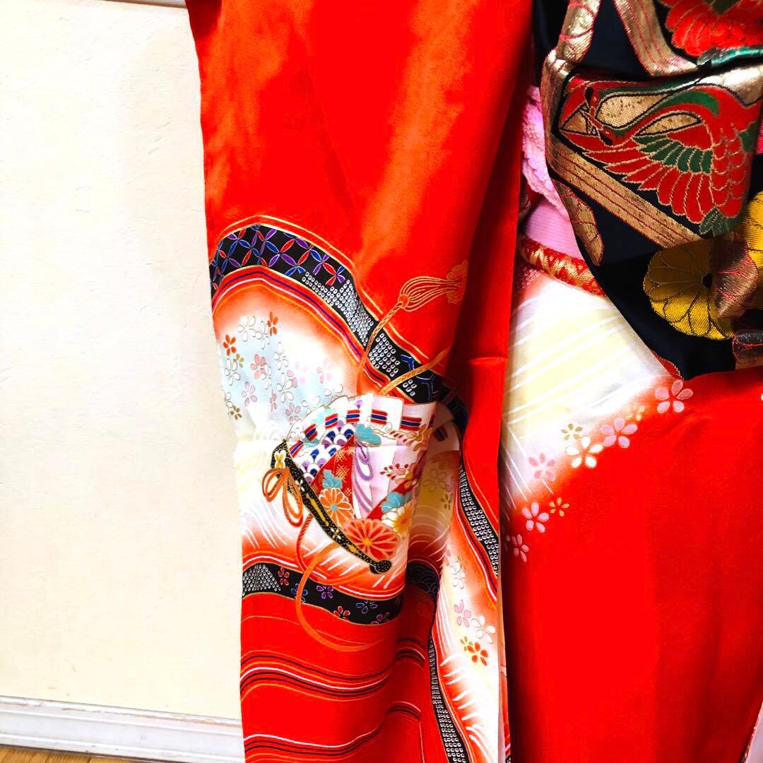 七五三7歳❣️人気赤地暈し金彩際立つ完全フルセッット⭐︎扇熨斗鶴菊金彩煌びやか際立つ