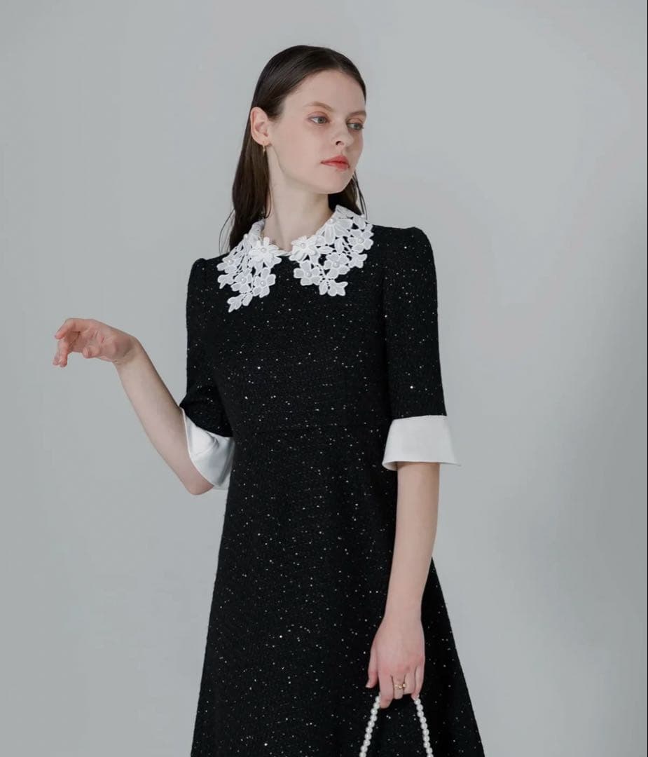 leja ドレス 花柄レースカラースパンコールAラインワンピースドレス