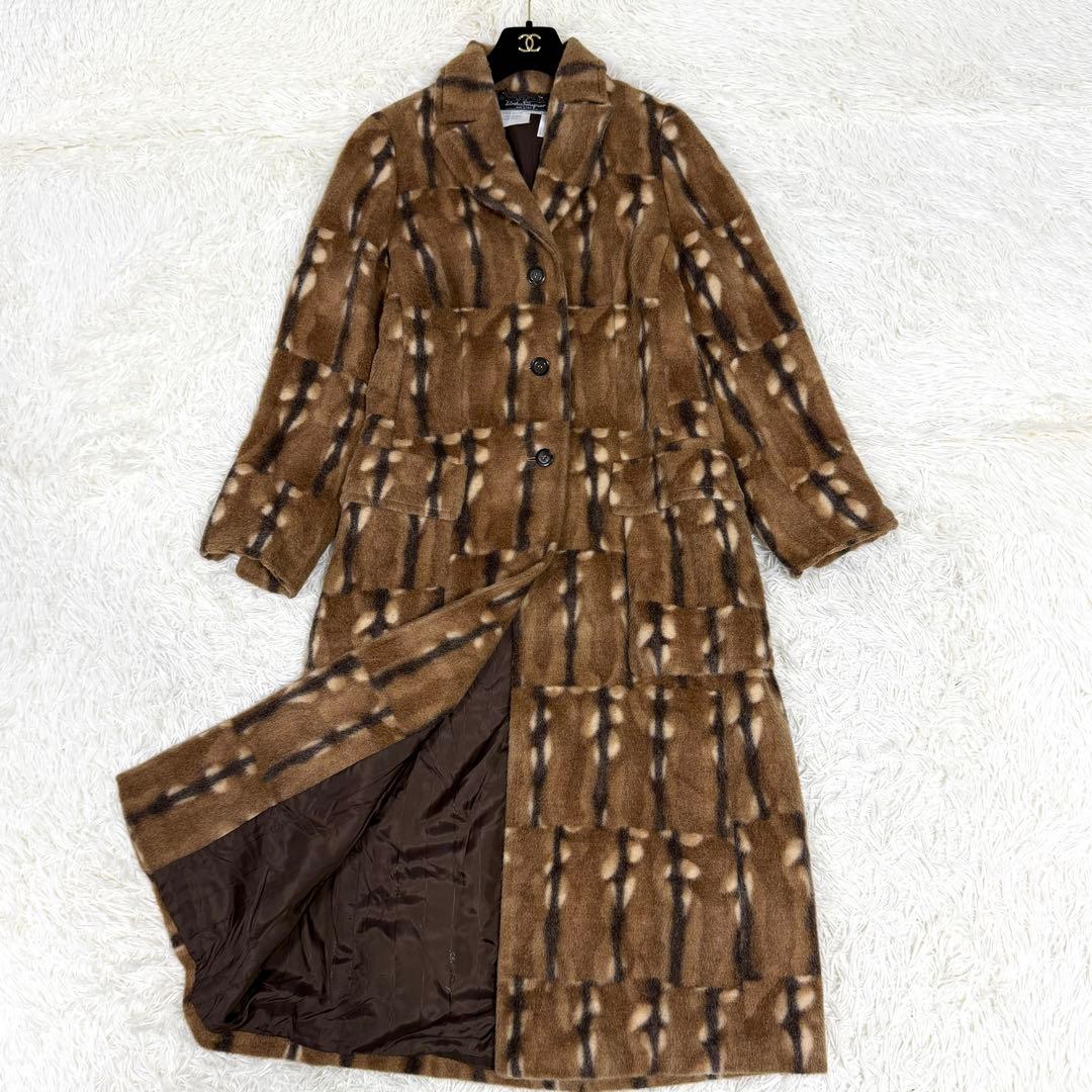 【極美品】フェラガモ チェスターコート アルパカ混 モヘヤ混 マキシ丈 ブラウン