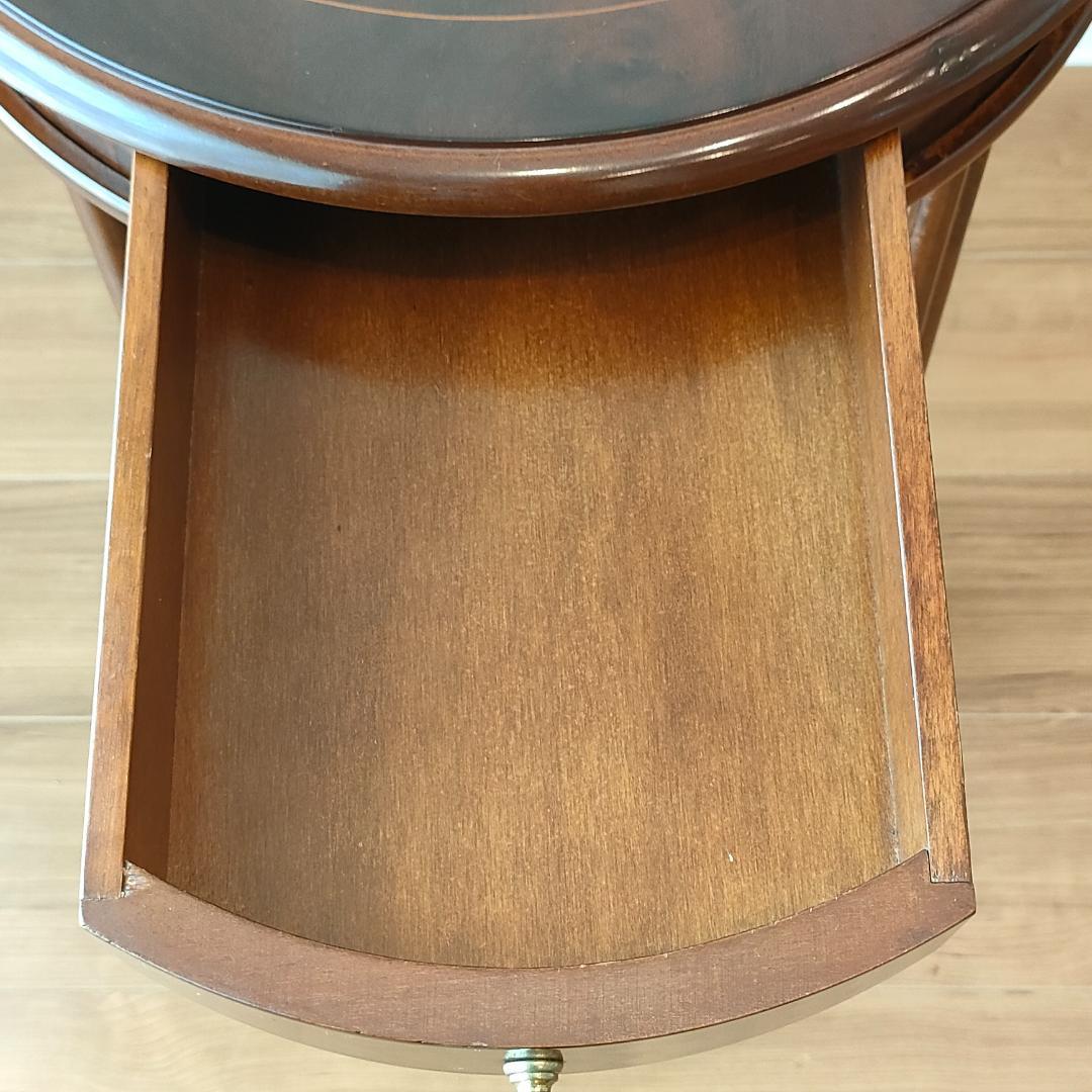 アンティーク　サイドテーブル　ラウンド　象嵌　引出し付き