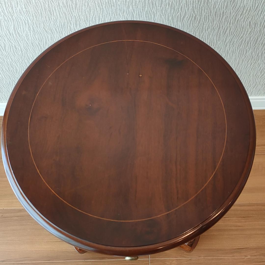 アンティーク　サイドテーブル　ラウンド　象嵌　引出し付き