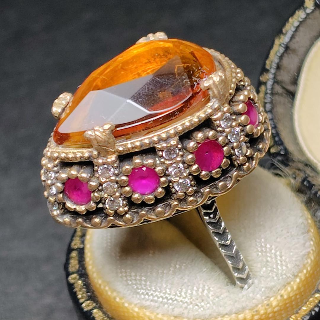 ヴィンテージリング　SILVER　トパーズ　ルビー　メレダイヤ