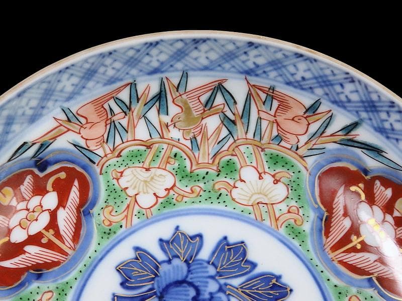 大聖寺伊万里　色絵　花鳥紋の図　４寸皿　４客　A541AS-CVu