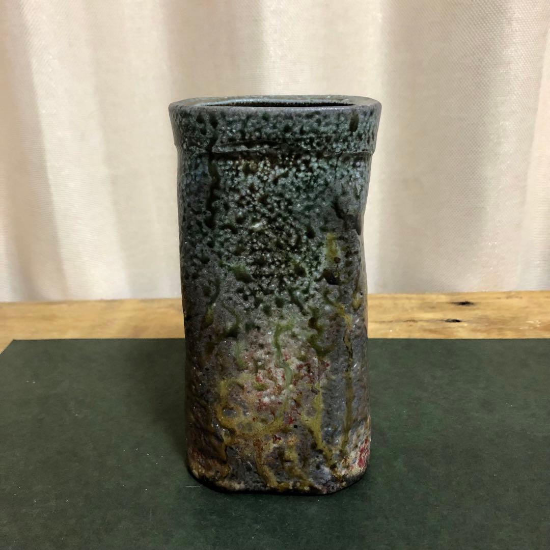 佐久知炎仙 秘色南蛮花器 茶道具 共箱 掛花入