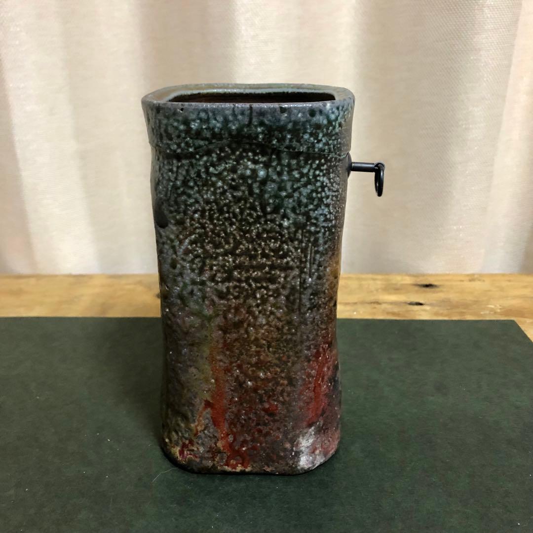 佐久知炎仙 秘色南蛮花器 茶道具 共箱 掛花入