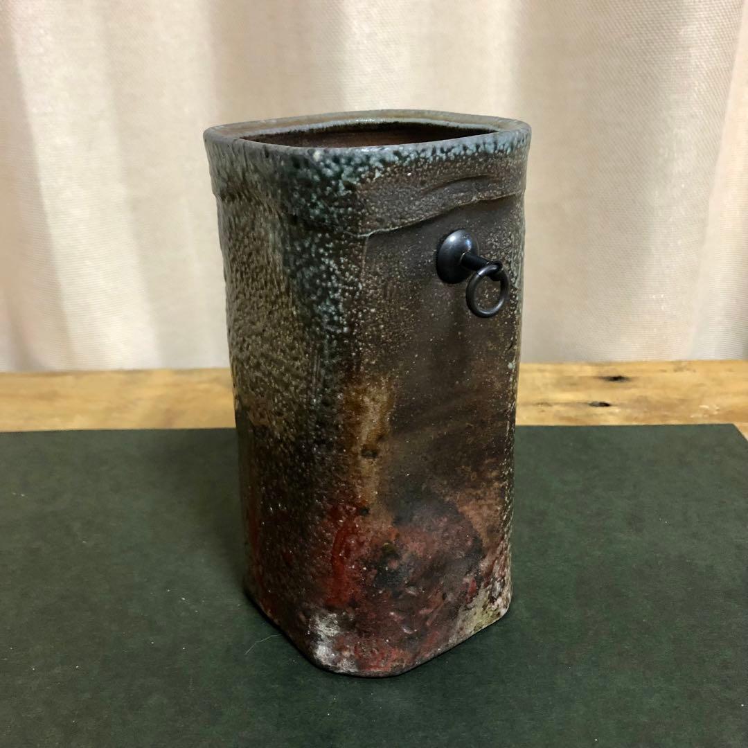 佐久知炎仙 秘色南蛮花器 茶道具 共箱 掛花入