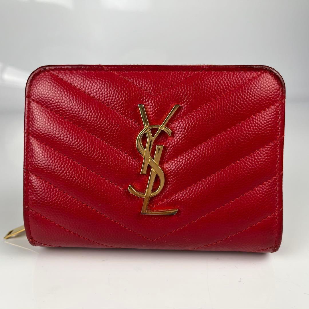 【極美品】サンローラン 二つ折り カサンドラ キャビアスキン キルティング 赤
