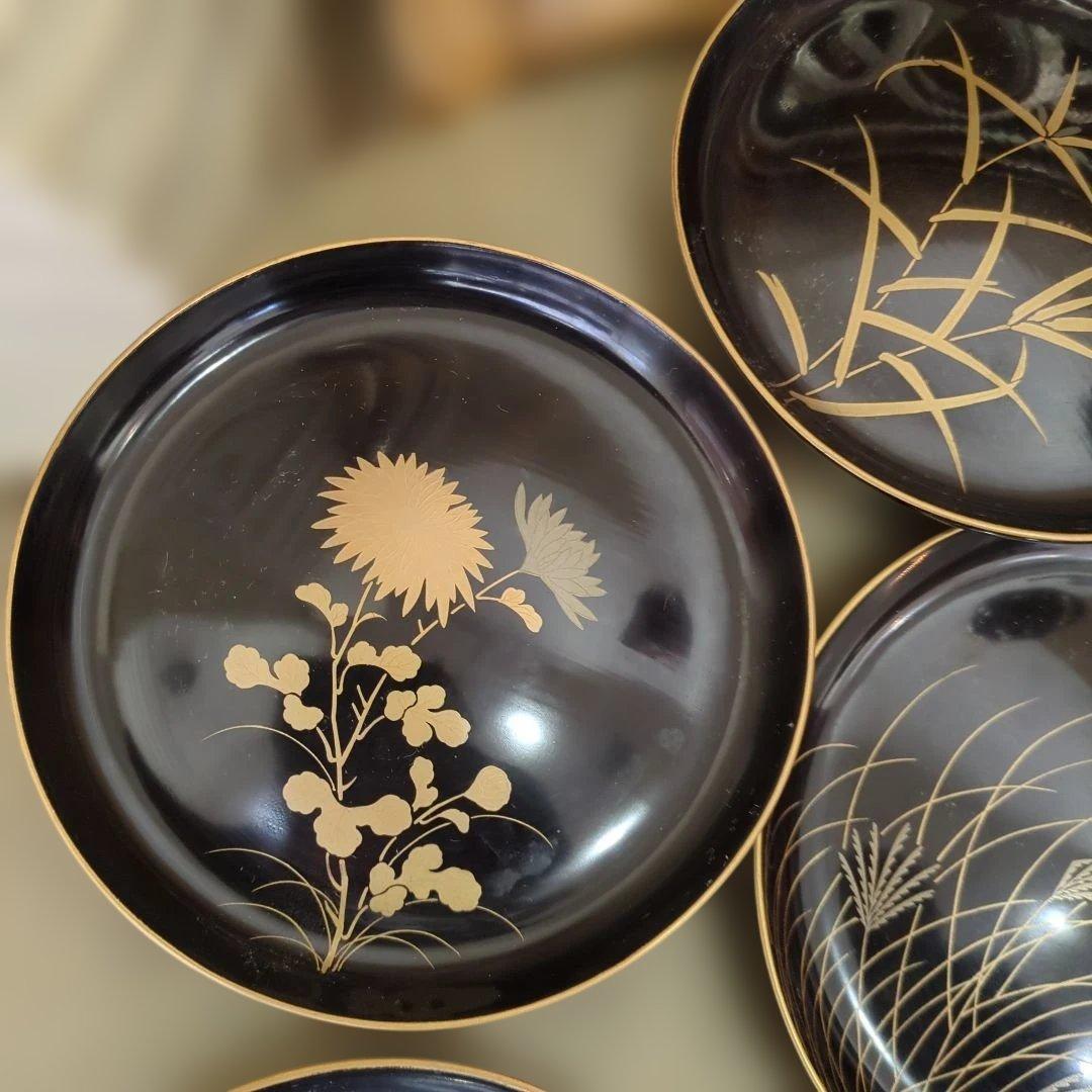 骨董　木皿　蒔絵　図変わり　草花　漆器　金彩　盆　丸盆　7枚