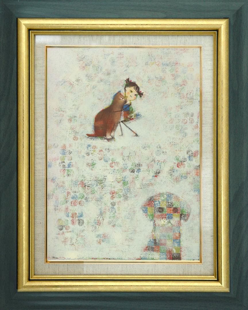 油絵 菅家令子 絵 絵画インテリア額付(黒) F4-072419 子猫犬 女の子